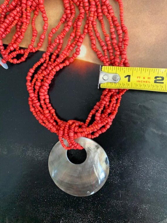 Red Coral 5 strand beaded Necklace with Shell Pen… - image 10