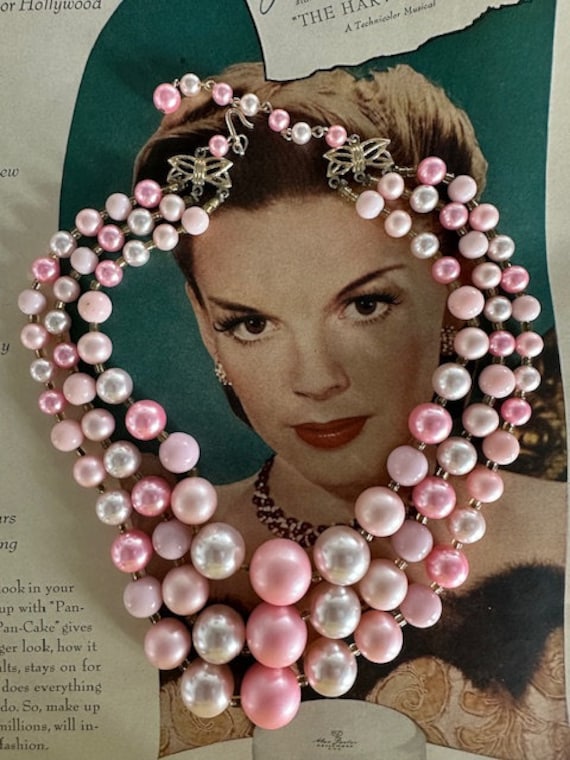 50s 3-Strand Pink Pearl Beaded Necklace, Vintage … - image 4