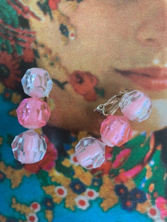 Triple Pink Cotton Candy Beaded Earrings, 3 Bead … - image 3