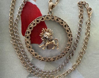 1960s Leo Zodiac Lucite Pendant Necklace Gold Lion Vintage Mid Century Astrology Horoscope Statement July & August Birthday Gift Jewelry
