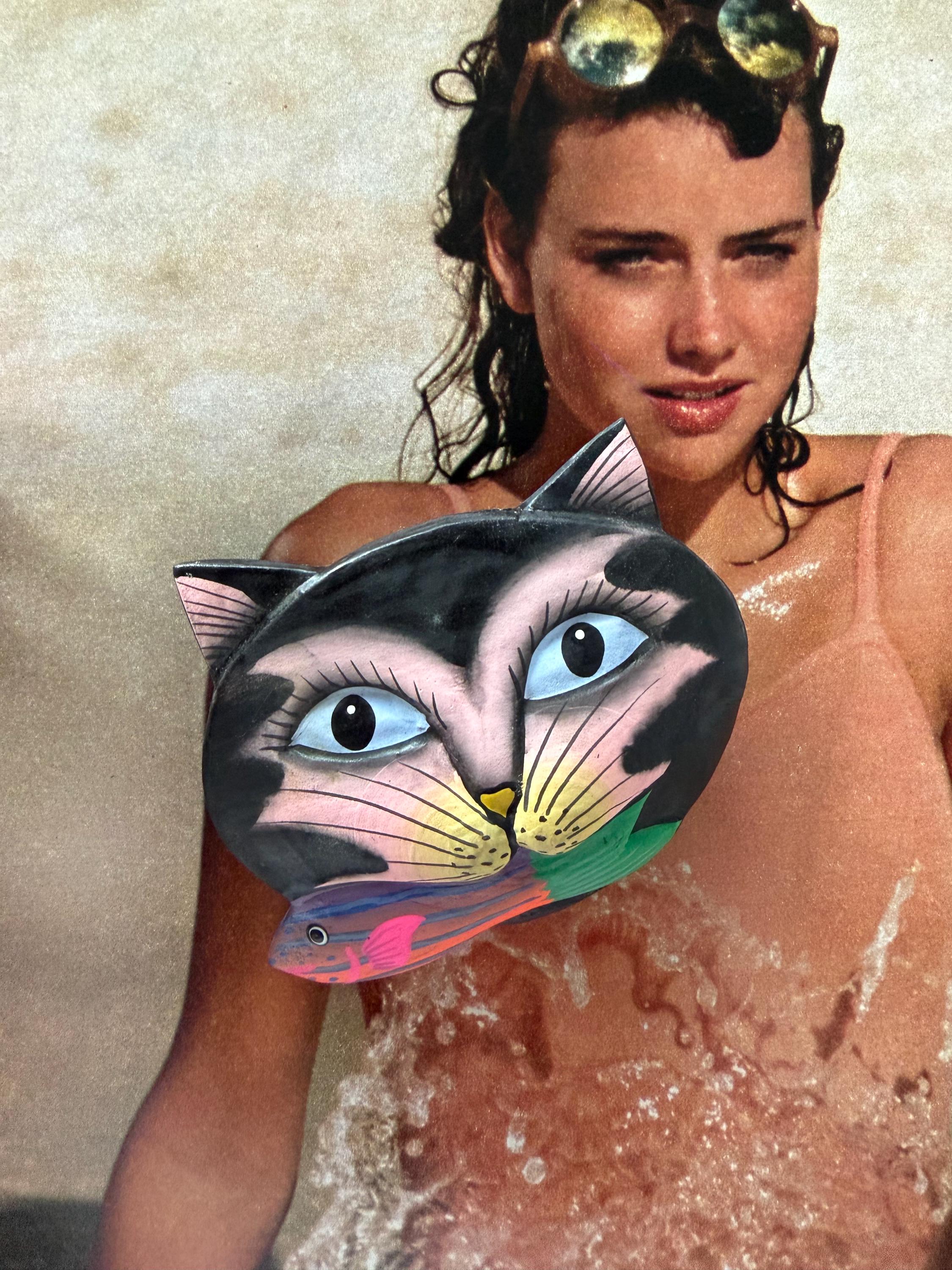 1980s Hand Painted Wooden Cat Brooch Folk Art Kitty With Fish Vintage ...