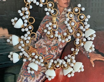 Stunning 1960s Napier Signed MCM Milk Glass Bell Bead Necklace Mid Century Gold Chain Unique Statement Jewelry - Gift for Her