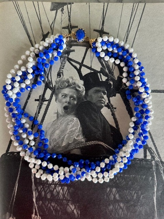 1950s Blue White Beaded Necklace Six Strand Facet… - image 1