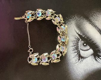 1950s Aurora Borealis Crystal Gold Tone Panel Link Bracelet With Safety Chain Vintage AB Mid Century Sparkle Jewelry