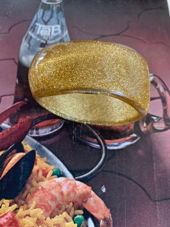 Gold Glitter Lucite Asymmetrical Bangle, 80s Chunk