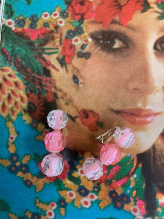 Triple Pink Cotton Candy Beaded Earrings, 3 Bead … - image 2