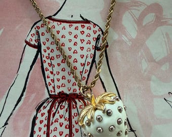 1980s Kenneth Jay Lane Signed White Lucite Strawberry Necklace Gold Studded Fruit Pendant Vintage KJL Designer Gift Statement Jewelry
