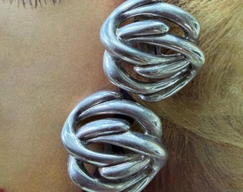 1980s Givenchy Signed Paris New York Clip On Earrings Silver Tone Sculptural Knot Vintage Designer Statement Jewelry