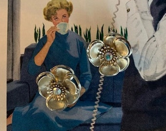 1960s Satin Gold Flower Clip On Earrings Iridescent Glass Center Bead Metal Floral Mid Century Retro Statement Vintage Jewelry