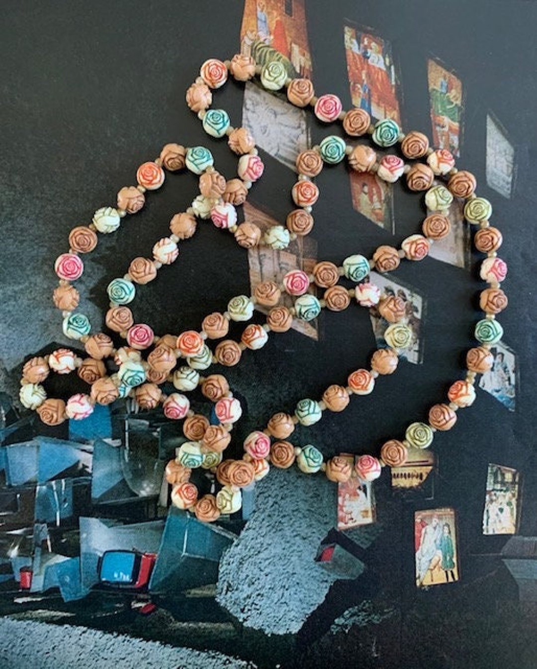 Celluloid 30-40s Flower Molded Bead Necklace, Celluloid