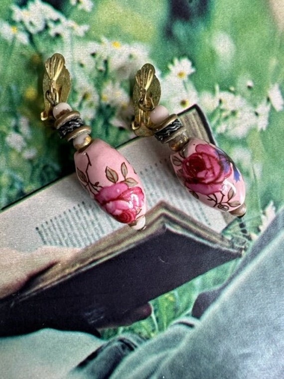 40s Ceramic Hand Painted Dangle Earrings, 40s Ros… - image 1