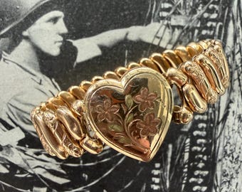 1940s Locket Sweetheart Expansion Bracelet M Signed Vintage Gold