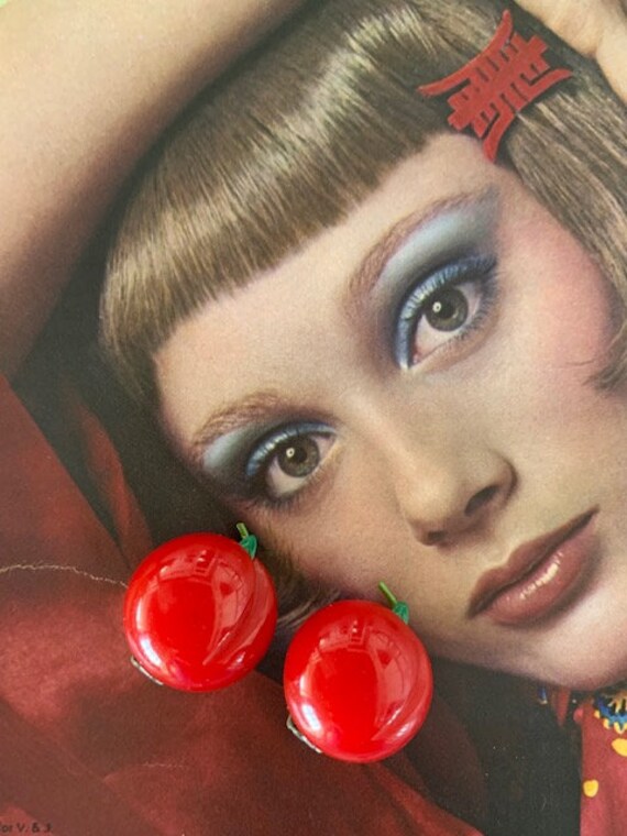 40s Red Cherry Bakelite Clip on Earrings, Cherry … - image 7