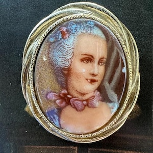 Mid Century Victorian Lady Cameo Brooch Pin, Cameo Portrait Brooch, Vintage Porcelain Cameo Pin, Porcelain Transfer Ware Cameo Pin