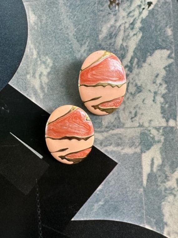 80s Tangerine and Peach Oval Enamel Earrings, 80s 