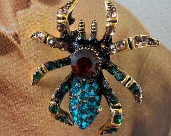 1980s Antique Gold Rhinestone Spider Brooch Teal Green Amber Glass Figural Insect Bug Pin Gothic Vintage Animal Gift Jewelry