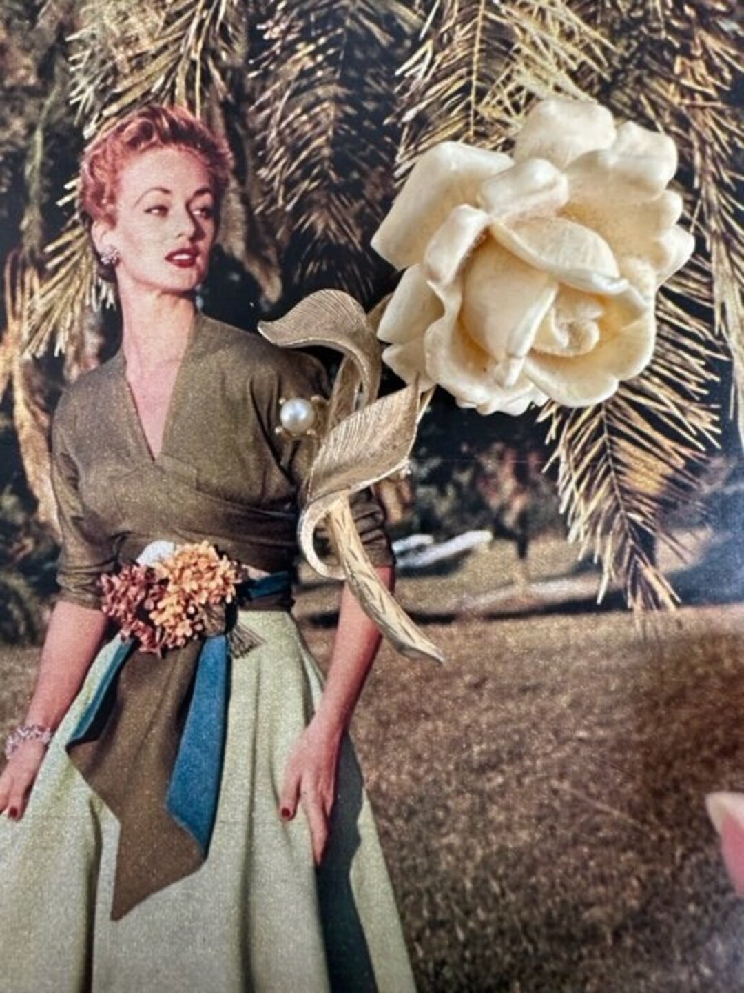 1950s Judy Lee Signed Celluloid Rose Brooch Cream Flower 