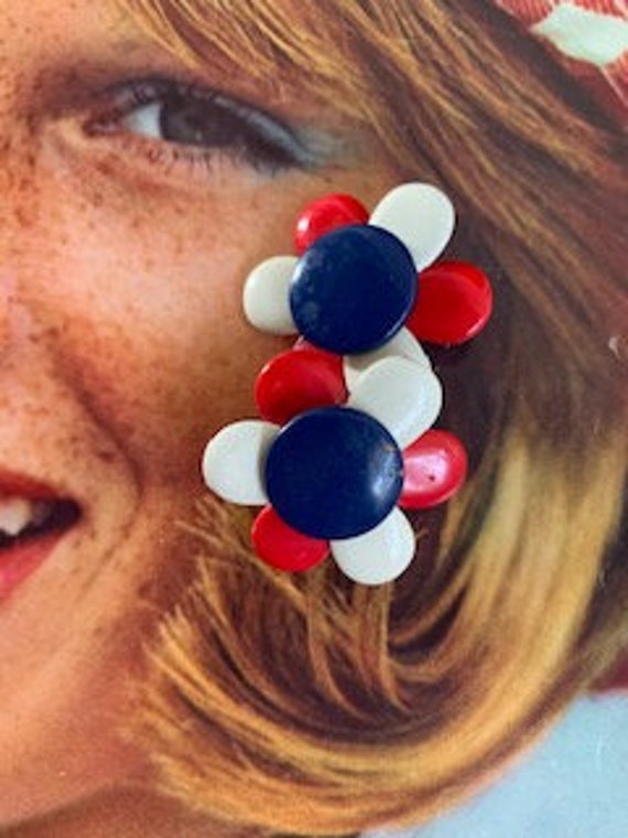 60s Red,White Blue Flower Power Earrings, 60s Flo… - image 7