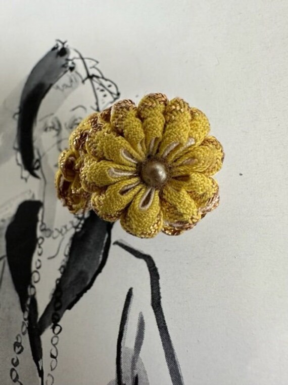 40s Yellow Crochet Flower Earrings, 40s  Fabric e… - image 3