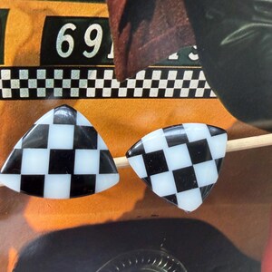 1960s Black White Checkerboard Lucite Clip On Earrings Fun Racing Checkered Flag Vintage Mid Century Mod Jewelry