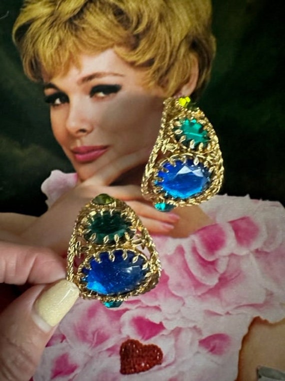 80s Mega Jewel Tone Earrings, 80s Jewel Crystal Cu