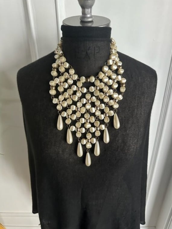 80s Large Pearl Bib Necklace & Matching Earrings, 