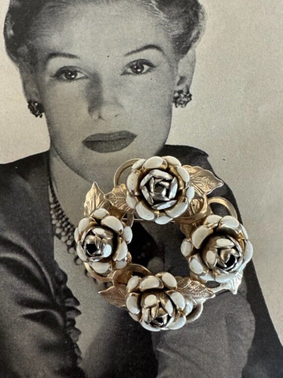 Cabbage Rose Wreath Brooch, Vintage Flower Jewelr… - image 5