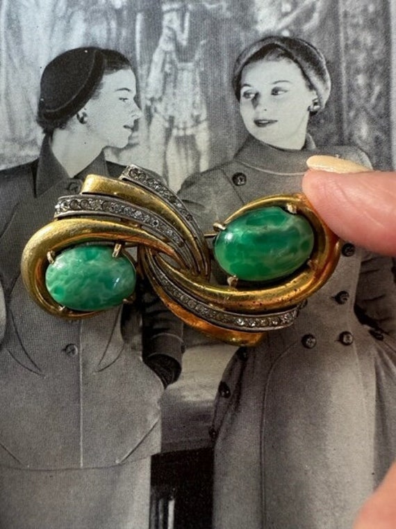 40s Gold Peking Glass Cabochons with Rhinestones,… - image 1