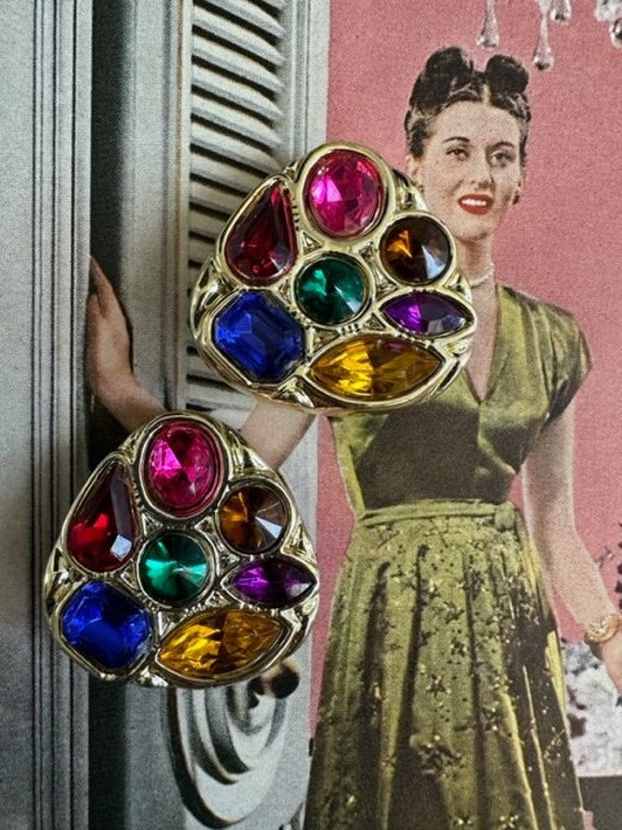 80s Jewel Rhinestone Earrings, 80s Large Jewel Ton