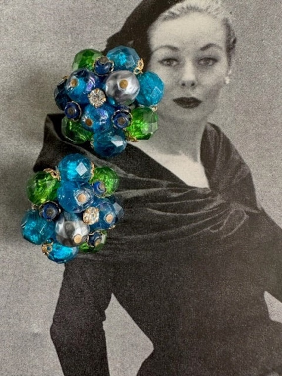 Blue & Green Cluster Earrings, 40s Cluster Earring