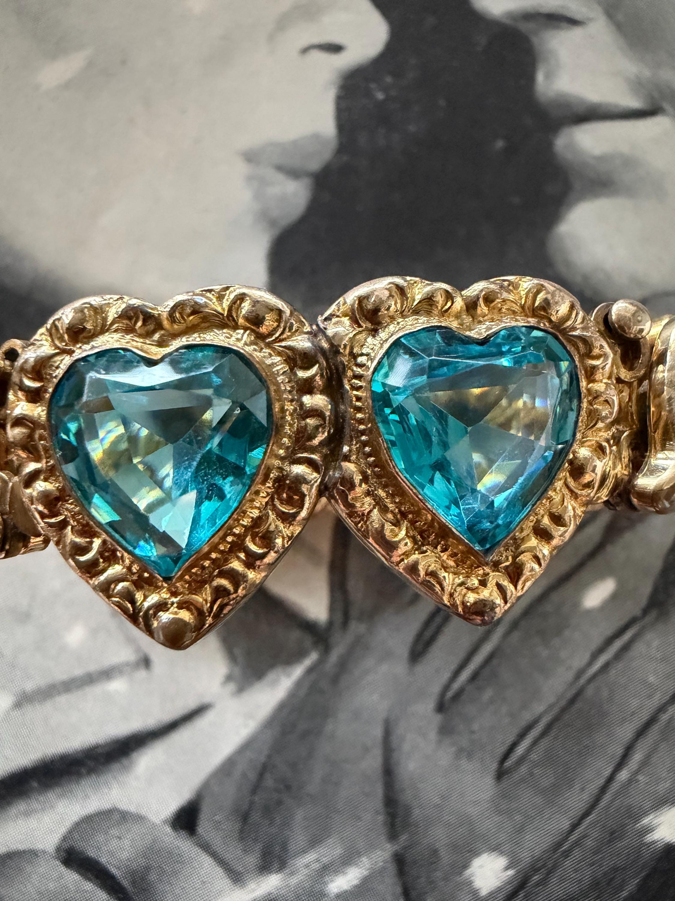 1940s Double Aqua Blue Sweetheart Expansion Bracelet Carmen Signed
