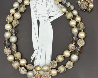 1950s Vendome Signed Two Strand Beaded Choker Necklace With Matching Vintage Clip On Earrings Mid Century Designer Jewelry Set