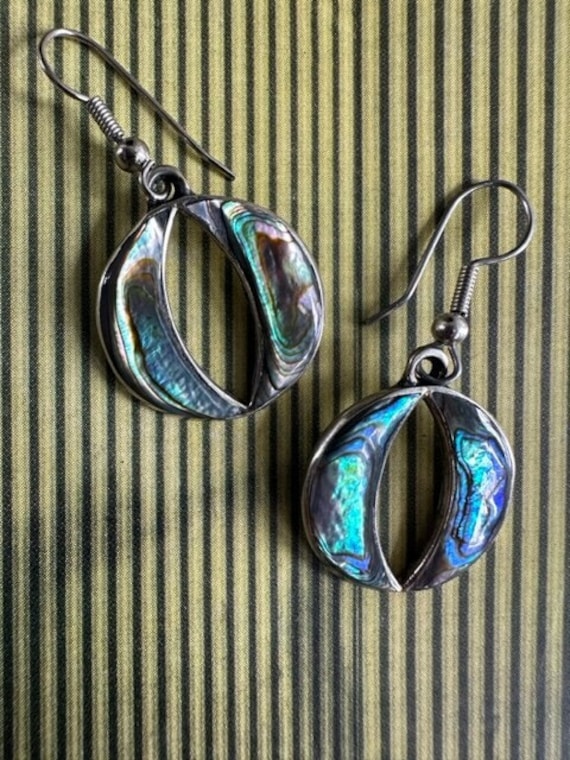 Abalone Alpaca Mexico Dangle Earrings, Silver Fish