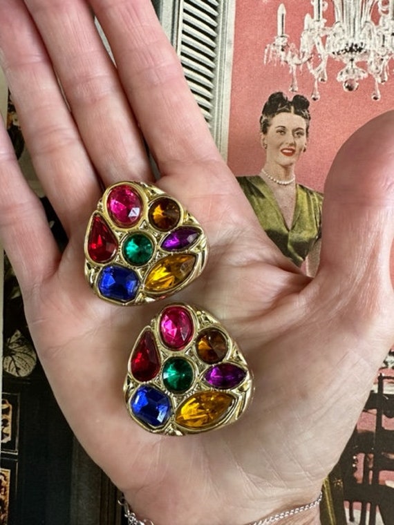 80s Jewel Rhinestone Earrings, 80s Large Jewel To… - image 9