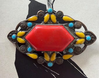 1930s Art Deco Brooch Red Plastic Cabochon Blue Yellow Poured Glass Dark Silver Tone C Clasp Vintage Pin Jewelry