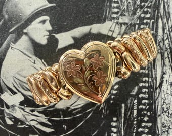 1940s Locket Sweetheart Expansion Bracelet M Signed Vintage Gold