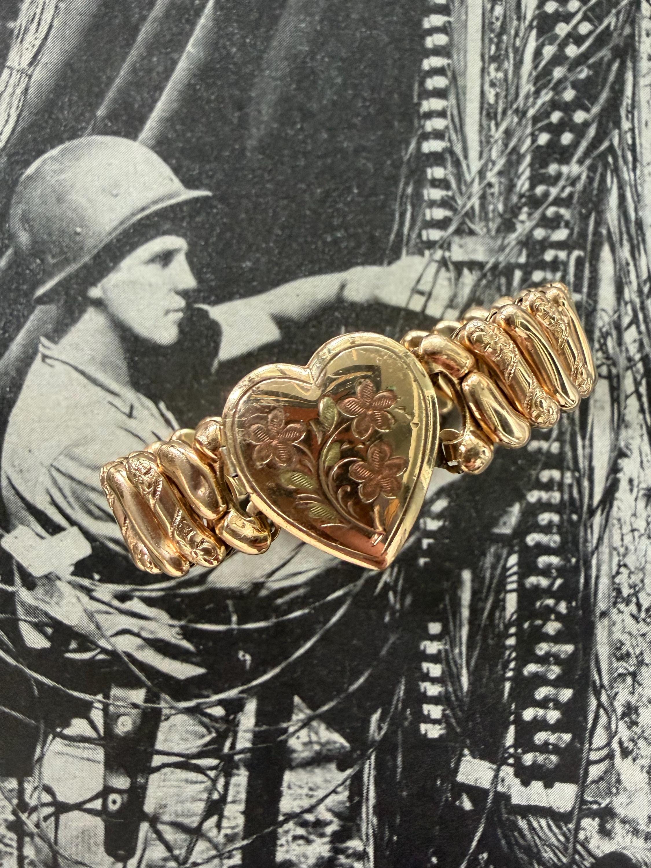 1940s Locket Sweetheart Expansion Bracelet M Signed Vintage Gold 