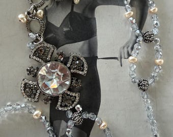 2000s Seasonal Whispers Crystal Cross Necklace With Rhinestone Pendant Pearls And Silver Bead Chain Vintage Y2K Statement Religious Jewelry