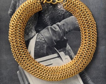 1980s Anne Klein Signed Gold Tone Chunky Chain Collar Necklace Domed Multi Strand Lion Head Tag Vintage Designer Statement Jewelry