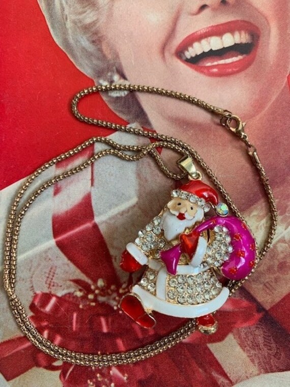 Vintage Enamel and Rhinestone Large Santa Pendant 