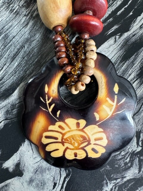 70s Wood Bead With Faux Bone Stenciled Pendant, 70s 70s Wood Bead With Faux Bone Stenciled Pendant, 70s