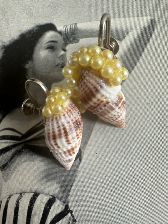 40s Shell with Pearl Earrings, Vintage Shell Earri