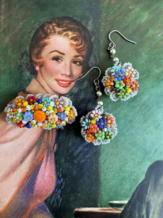 30s Miniature Glass Beaded Brooch & Earrings, 30s 