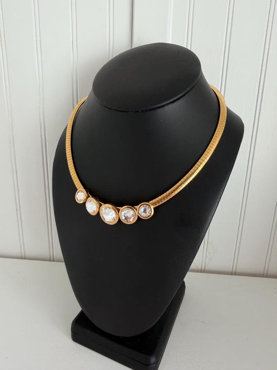 1990s Swarovski Signed Crystal Omega Choker Necklace Gold Tone Sliding Crystal Vintage Designer Statement Jewelry View 5