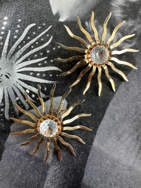 Gold Sun Burst with Rhinestone Earrings, Vintage … - image 4