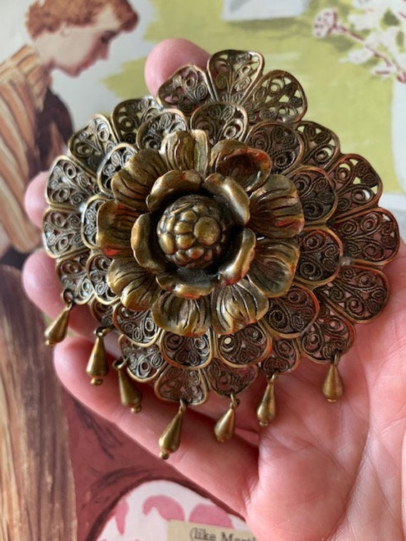 40s Filagree Lg Flower Brooch with Tassels, 40s F… - image 2