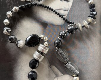 1980s Chunky Black White Silver Tone Statement Long Necklace Leopard Mesh Lace Lucite Beads Vintage Runway Glam Jewelry