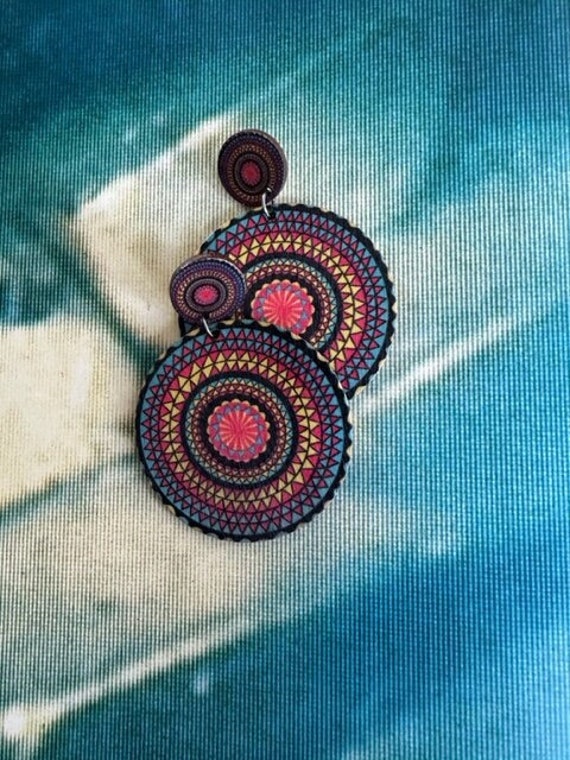 70s Mega Spirograph pattern Dangle Earrings, 70s … - image 1