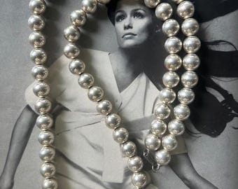 1970s Silver Plated Beaded Necklace Long Chunky Round High End Classis Bead Layering Vintage Statement Jewelry
