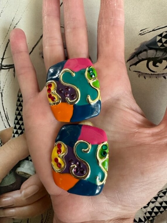 80 Mega Colorful Enamel Clip on earrings with Rhi… - image 7